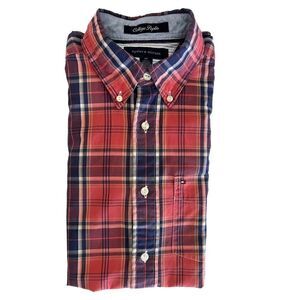 Tommy Hilfiger Mens Short Sleeve Button Down College Poplin Shirt Red Plaid SZ S